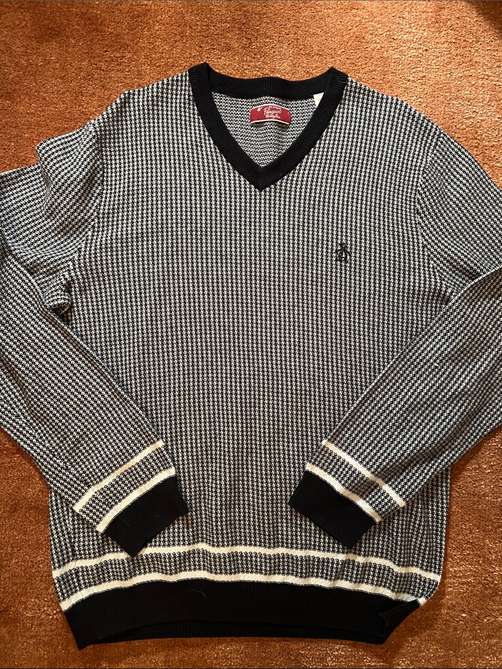 Sz L Original Penguin Black & White V-Neck Houndstooth Knit Sweater